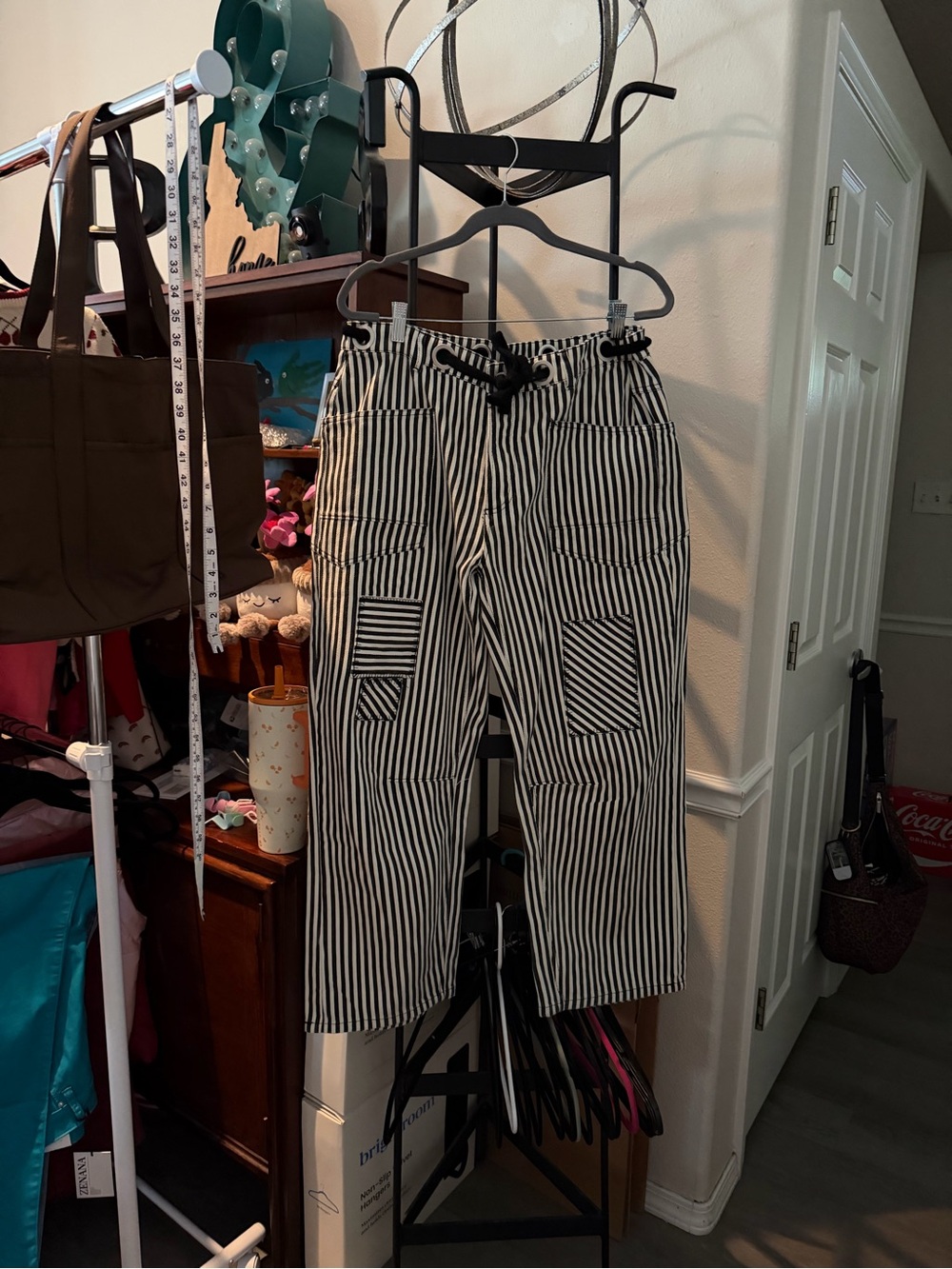 Striped Black and White Women’s Cargo Jeans with Drawstring Waist